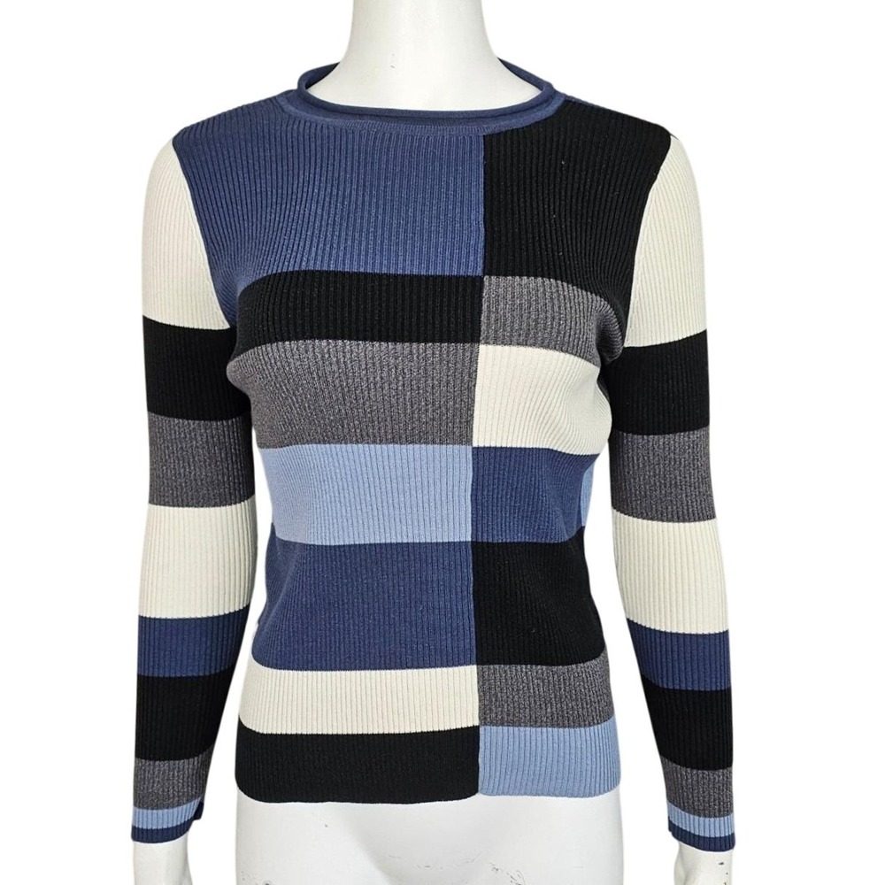 Carolyn Taylor Essentials Colorblock Ribbed Knit Sweater Blue Gray Black Cream S